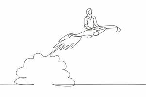 Single one line drawing Arab businesswoman riding magic carpet rocket flying in the sky. Launch new textile business. Acceleration or increase sales growth. Continuous line design vector illustration