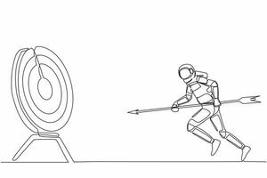 Single continuous line drawing astronaut holding arrow in hand to shoot target. Aim and mission to achieve galactic wormhole expedition. Cosmonaut deep space. One line draw design vector illustration