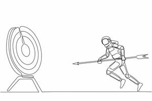 Single continuous line drawing astronaut holding arrow in hand to shoot target. Aim and mission to achieve galactic wormhole expedition. Cosmonaut deep space. One line draw design vector illustration