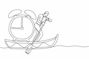 Single continuous line drawing of businessman standing in boat and sailing with alarm clock. Manager escape from project deadline. Time management problem. One line graphic design vector illustration