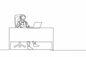 Single continuous line drawing astronaut relaxed at desk and drink cup of coffee. Take break after exploring outer space planets. Cosmonaut deep space. One line draw graphic design vector illustration