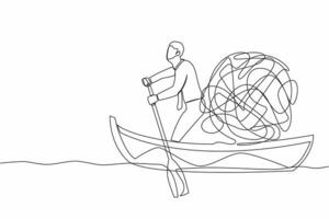 Single continuous line drawing businessman standing in boat and sailing with messy line. Escape from anxiety mind due to being fired from work. Dynamic one line draw graphic design vector illustration