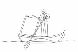 Single continuous line drawing businessman standing in boat, sailing with clipboard. Office worker escape from deadline checklist board. Productivity problem. One line draw design vector illustration