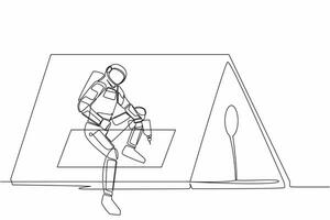 Single one line drawing of astronaut roofer installing wooden or bitumen shingle at home in moon surface. Ability to repair operating system. Cosmic galaxy space. Continuous line graphic design vector