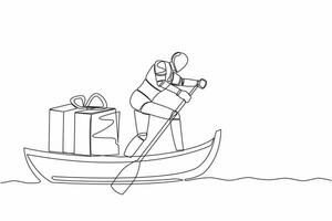 Single continuous line drawing robot sailing away on boat with gift box. Prizes for outstanding tech processing. Future technology. Artificial intelligence. One line graphic design vector illustration