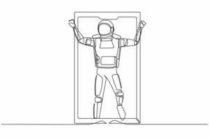 Single continuous line drawing astronaut football player celebrating goal out of smartphone screen. Online soccer game with live mobile app. Cosmonaut deep space. One line design vector illustration