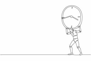 Single one line drawing tired robot carrying heavy clock on his back. Robot work within deadline and timeline, under pressure. Robotic artificial intelligence. Continuous line draw design illustration vector