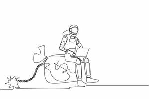 Continuous one line drawing of astronaut sitting and typing laptop on huge bomb money bag with burning fuse. Deadline to finish spaceship funding. Cosmonaut outer space. Single line draw design vector