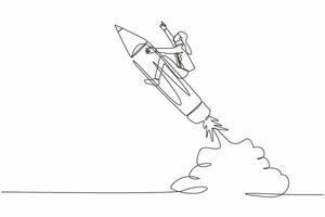 Single continuous line drawing businesswoman riding pencil rocket flying in sky. Creativity idea lead the way, education or knowledge help career development. One line draw design vector illustration