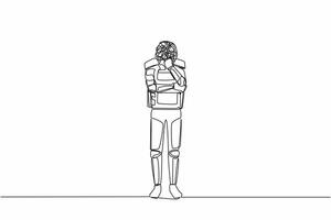 Single one line drawing astronaut with round scribbles instead of head, standing in thoughtful pose holding chin thinking. Cosmic galaxy space. Continuous line draw graphic design vector illustration