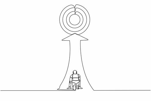 Single one line drawing robot ready to run to trophy at end of route. Future technology development. Artificial intelligence machine learning process. Continuous line draw design vector illustration