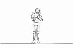 Single continuous line drawing of young astronaut standing and hugging laptop at office. Loving his job exploring cosmic interstellar. Cosmonaut deep space. One line graphic design vector illustration