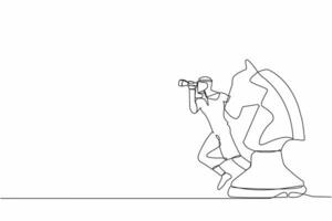 Single continuous line drawing Arabian businessman leader standing on horse chess piece using telescope to see business vision. Competitor analysis concept. One line graphic design vector illustration