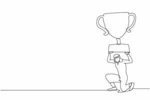 Single one line drawing Arabian businessman carrying heavy trophy on his back. Office manager failed to win competition or business goals achievement. Continuous line draw design vector illustration