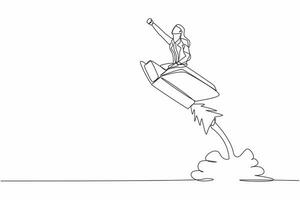 Single continuous line drawing businesswoman riding open book rocket flying in sky. Launch new library at school. Increase interest in reading smart student. One line draw design vector illustration