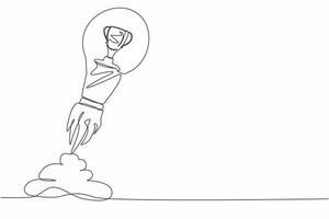 Single continuous line drawing of trophy launching with light bulb. Business startup idea for winning competition. Achievement and boost goals concept. One line draw graphic design vector illustration