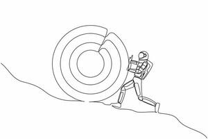 Single continuous line drawing astronaut pushing big target to mountain. Galactic wormhole journey goal too difficult to achieve. Cosmonaut deep space. One line draw graphic design vector illustration