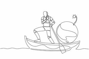 Continuous one line drawing of robot sailing away on boat with bomb. Closed factory due to exploding world financial crisis. Humanoid robot cybernetic organism. Single line design vector illustration