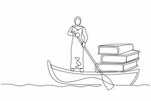 Single continuous line drawing Arab businesswoman standing in boat and sailing with books stack. Success manager with extensive knowledge. Study and growth. One line graphic design vector illustration