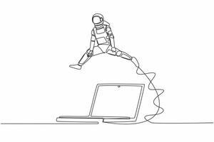 Single continuous line drawing young astronaut jumping over laptop computer. Office system information tech in spaceship exploration. Cosmonaut deep space. One line graphic design vector illustration