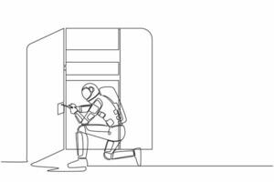 Single continuous line drawing young astronaut carpenter assembling of wardrobe or cabinet with shelves. Future home decoration. Cosmonaut deep space. One line draw graphic design vector illustration