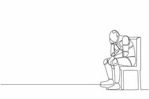 Single one line drawing sad depressed robot sitting on chair thinking about paying bills during crisis. Artificial intelligence. Technology industry. Continuous line graphic design vector illustration