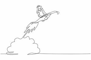 Single continuous line drawing Arabian businessman riding magic carpet rocket flying in the sky. Startup business acceleration concept. Increase sales growth. One line draw design vector illustration