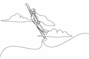 Continuous one line drawing super young astronaut in cloak flying up to cloud sky. Spaceship startup business idea or launching. Cosmonaut outer space. Single line graphic design vector illustration