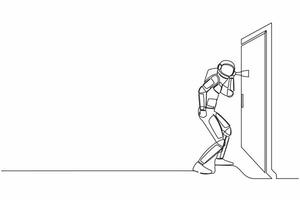 Single one line drawing astronaut eavesdropping at the door. Curious spaceman listening to conversation. Privacy violation. Cosmic galaxy space. Continuous line draw graphic design vector illustration