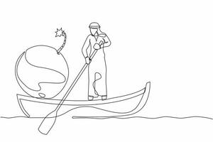 Single continuous line drawing Arab businessman sailing away on boat with bomb. Office worker fired from companies due to exploding world financial crisis. One line graphic design vector illustration