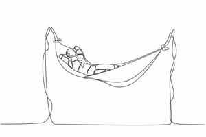 Single one line drawing happy robot lying and sleeping in hammock. Comfort, vacation, and recreation. Artificial intelligence. Technology industry. Continuous line graphic design vector illustration