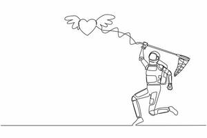 Single continuous line drawing young astronaut try to catching flying heart with butterfly net. Love relationship with space expedition. Cosmonaut deep space. One line draw design vector illustration