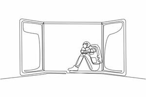 Single one line drawing stressed young astronaut sitting on windowsill. Depression, stress, despair, tech problem. Cosmic galaxy space concept. Continuous line draw design graphic vector illustration