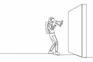 Single one line drawing of young astronaut holding megaphone, standing and shouts in front of wall in moon surface. Cosmic galaxy space concept. Continuous line draw graphic design vector illustration