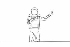 Single one line drawing young astronaut pointing away hands together and showing or presenting something in moon surface. Cosmic galaxy space. Continuous line draw graphic design vector illustration