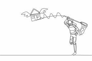 Single continuous line drawing young astronaut try to catching flying house with butterfly net. Price housing loan in other planets. Cosmonaut deep space. One line design vector graphic illustration