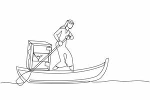 Continuous one line drawing Arabian businessman sailing away on boat with safe deposit box. Unexpected financial opportunities, credit, bank deposit protection. Single line design vector illustration