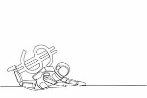 Continuous one line drawing of young astronaut under heavy dollar symbol burden. Overworked spaceman in galactic exploration. Cosmonaut outer space. Single line draw graphic design vector illustration