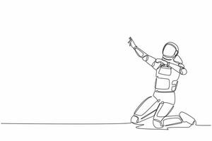 Single one line drawing happy astronaut kneeling with celebrating goal pose. Successful spaceship business project. Cosmic galaxy space concept. Continuous line draw graphic design vector illustration