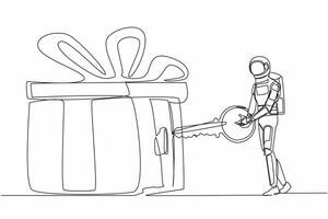 Single one line drawing of young astronaut put key into gift box with ribbon. Celebration for spaceship exploration achievement. Cosmic galaxy space. Continuous line graphic design vector illustration