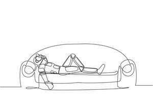 Single continuous line drawing depressed astronaut holding his head lying on sofa. Stressed and anxiety on space journey failure. Cosmonaut deep space. One line draw graphic design vector illustration