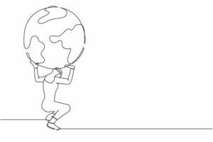 Continuous one line drawing Arab businessman carrying heavy globe on his back. Natural resources responsibility, earth exploitation, industrial pollution. Single line draw design vector illustration