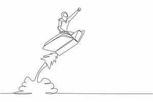 Single continuous line drawing Arab businesswoman riding open book rocket flying in sky. Launch new library at school. Increase interest reading in smart student. One line design vector illustration