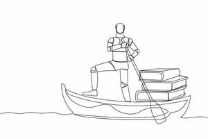 Single one line drawing robot sailing away on boat with pile of books. Education in tech company. Robotic artificial intelligence. Technology industry. Continuous line draw design vector illustration