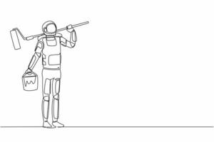 Continuous one line drawing astronaut painter standing with bucket of paint and paint roller. Future space technology development. Cosmonaut outer space. Single line graphic design vector illustration