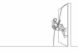 Continuous one line drawing young astronaut climbing over wall with rope in moon surface. Challenge in spaceship expedition. Cosmonaut outer space. Single line draw graphic design vector illustration