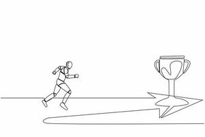 Single continuous line drawing of robot running to golden trophy. Tech business direction. Robotic artificial intelligence. Electronic technology industry. One line graphic design vector illustration