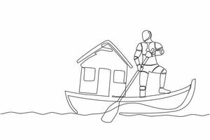 One continuous line drawing of robot sailing away on boat with house miniature. Online search for housing on internet. Smart genius intelligence . Single line draw design graphic vector illustration