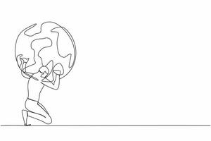 Single continuous line drawing exhausted businessman carrying heavy globe on his back. Earth exploitation, industrial pollution, natural resources. World economic crisis. One line draw design vector