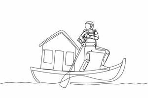 Single one line drawing of young astronaut sailing away on boat with house. Search for housing on planets other than Earth. Cosmic galaxy space. Continuous line draw design graphic vector illustration